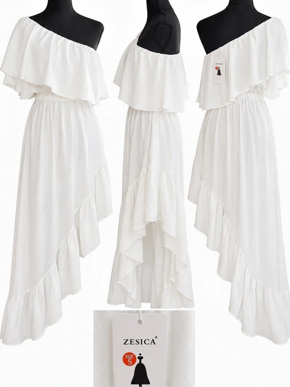 ZESICA White One Shoulder Ruffle Maxi Dress Size S NWT